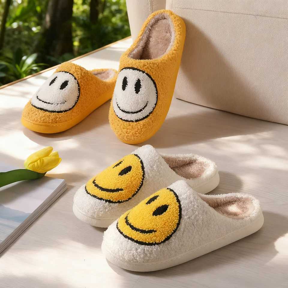 Kids Slippers Smiling Face Fluffy Winter Shoes For Children Anti-slip Thick Bottom Home Slipper Keep Warm Pink Blue Size 36-41W251121