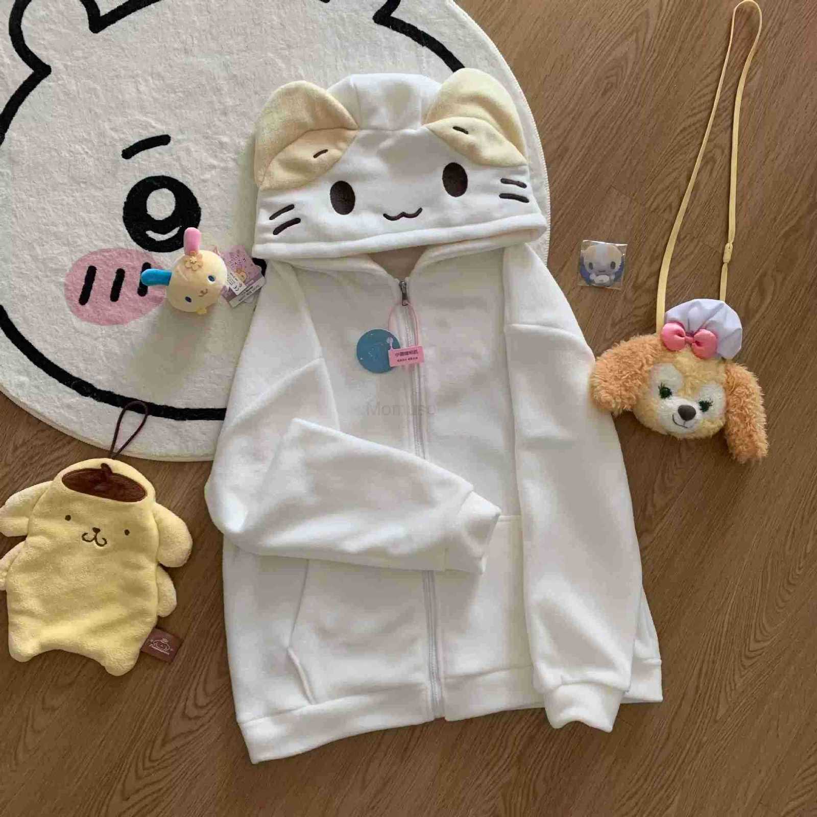 Sanrio Aoli Velvet Composite Milk SilkCute Marshmallow Cat Ear Loose Cardigan Hooded Sweatshirt for Autumn and Winter H251121