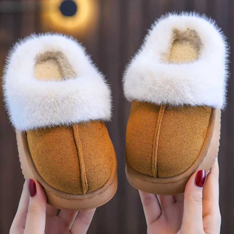 Solid PU Leather Boys Girls Slippers Winter Plush Warm Furry Children Slippers Casual Soft Bottom Floor Kids Home ShoesW251121
