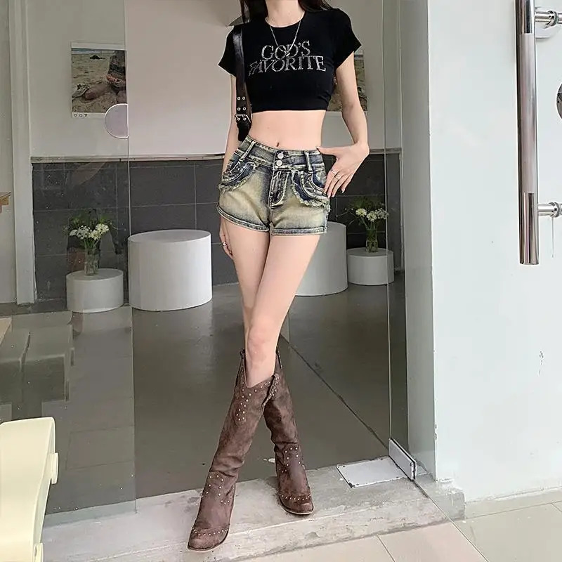 Womens low waist weight loss retro rivet wide leg ultra short tight denim shorts 250414Z