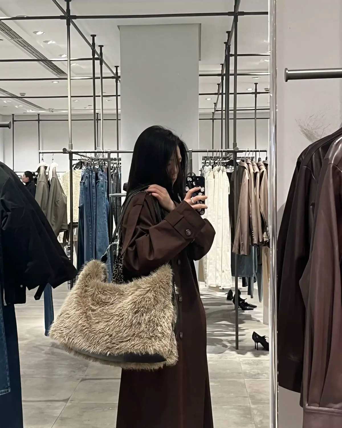 JIAERDI Vintage Khaki Handbag Women 2025 Fashionable Large Capacity Soft Plush Tote Bag Ladies Retro Casual Shoulder Bag Y2kT251121