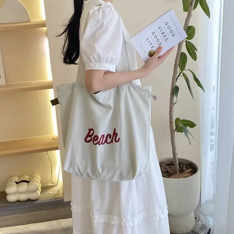 Solid Colour Womens Beach Shoulder Bag Letter Design Ladies Tote Canvas Bags Large Capacity Drawstring Female Shopping HandbagT251121