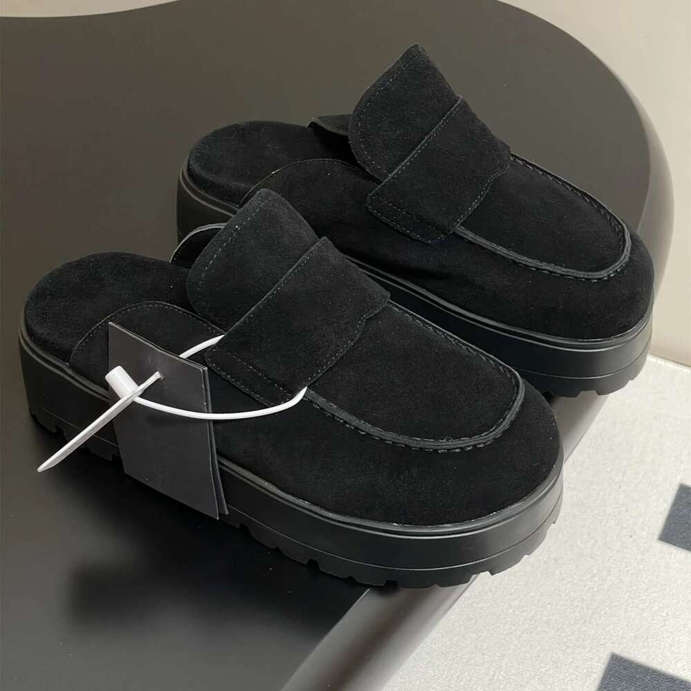 Shoes Women Size35-41 Natural Cow Suede Mules Flat Platform Genuine Leather Slippers Round Toe Designer Shoe atillas De Mujer
