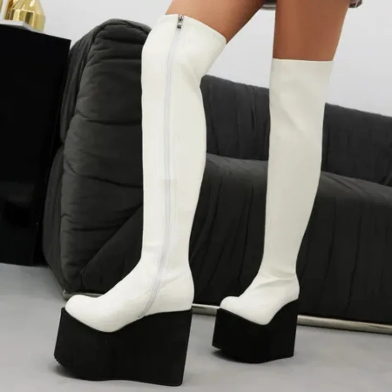 Platform Wedge Over Knee High Boots For Women Shoe Trends Black White Pink Heels Long Boot Winter Shoes Female Waterproof 251121