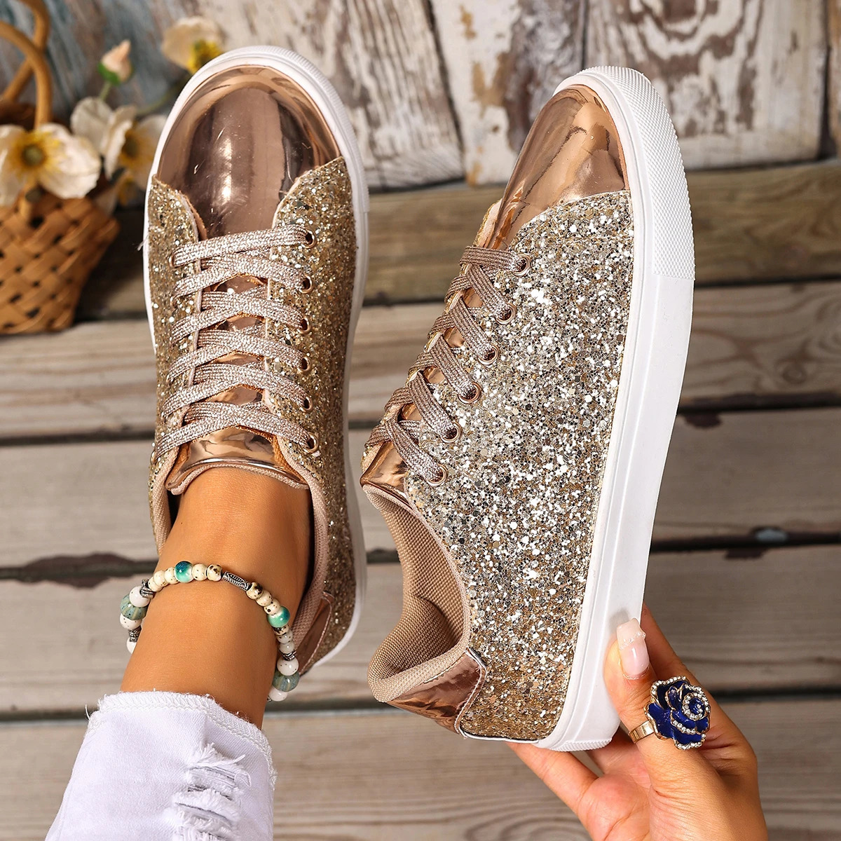 Women Sneakers Bling Golden Shoes Casual Female Breathable Lace Up Outdoor Sport Vulcanize Zapatos De Mujer 251121