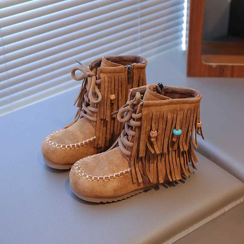 Tassel Children Fashion Boots Autumn Winter Solid Fleece Warm Vintage Girls Boots PU Leather Zip Soft Kids Mid Calf ShoesW251121