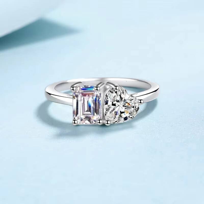 Unique Design 1CT Emerald Cut 1CT Heart Cut Engagement Promise Ring 925 Sterling Silver Moissanite Ring for Women
