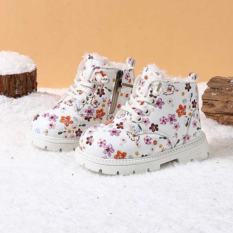 2024 New Winter Children Snow Boots Leather Flower Warm Plush Toddler Kids Shoes Non-slip Fashion Girls Boots EU 23-31W251121