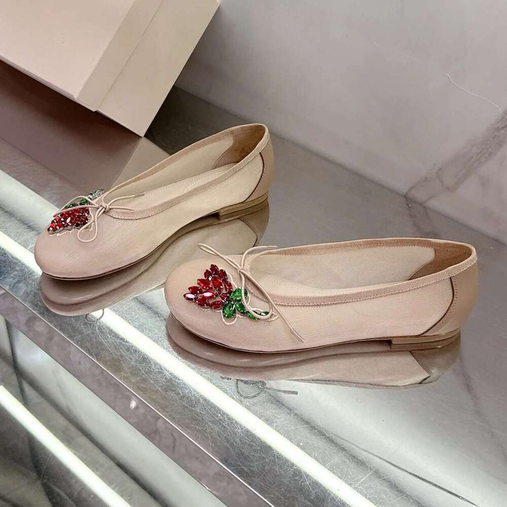 Spring And Summer 2025 New Bow Tie Decal Mesh Water Drill Flat Single-Layer Slip-Ons Shallow Crystal Retro Ballet Shoes