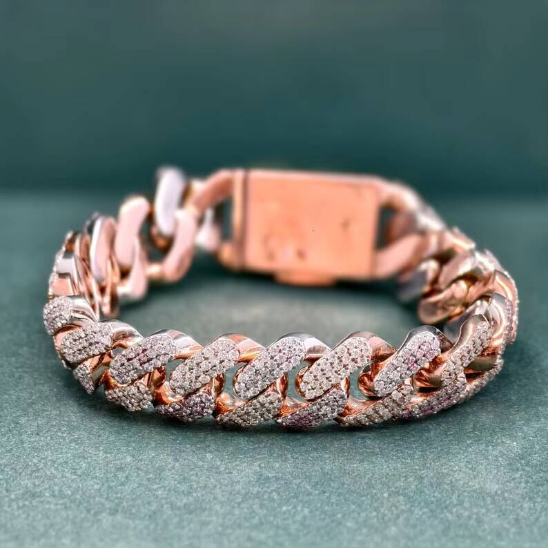 Hip Hop Jewelry 15mm Rose Gold Cuban Link Bracelet with Moissanite Stone 925 Sterling Silver Miami Cuban Link Bracelet for Men