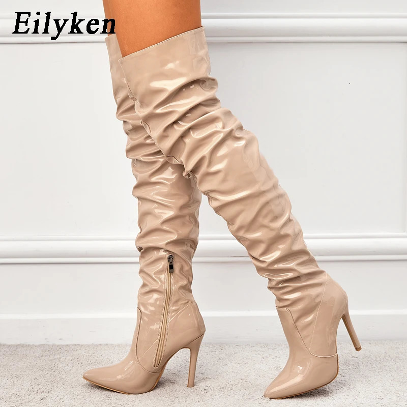 Eilyken Red Women Over The Knee Boots High Heels Patent Leather Solid Pointed Toe Stiletto Side Zipper Sapatos Femininos 251121