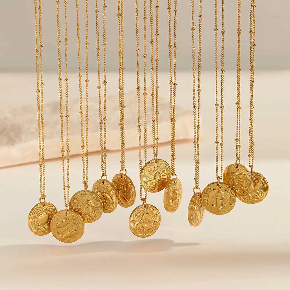 12 Zodiac Constellation Stainless Steel Necklace for Women Golden Amulet Vintage Plated Round Coin Pendant Trendy Clavicle ChainXJ251121