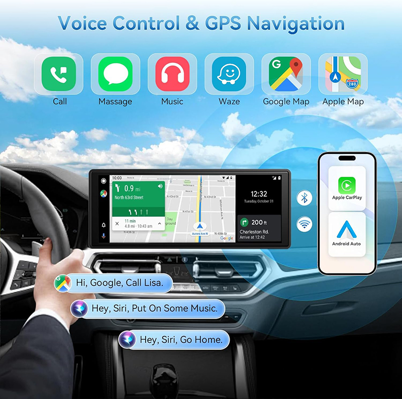 10.26 inch Wireless Portable Carplay Car Android Auto Screen with HD Dash Cam, Backup Camera, Bluetooth FM Transmitter For All Cars