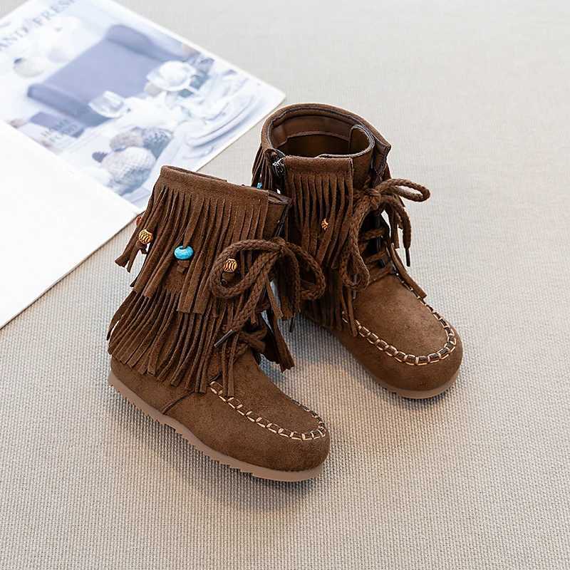 Girls Suede Leather Boots with Cute Beaded Fringes 2025 New Winter Kdis Ankler Boots Non-slip Simple Retro School Party BootsW251121
