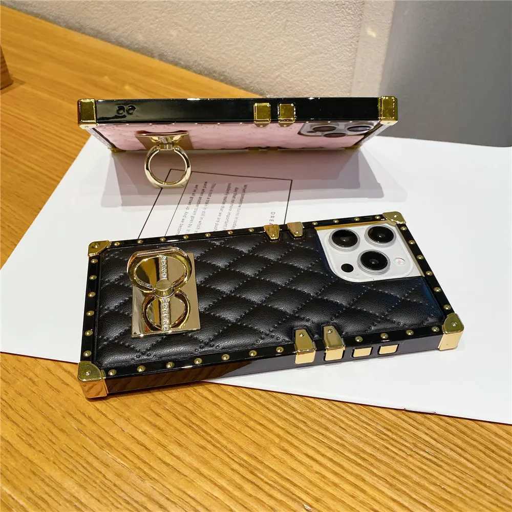 Fashion Rhombic Gold Plating Leather luxury Phone Case For iPhone 16 15 Pro Max 14 Plus 13 12 11 XR Ring Holder CoverW251121