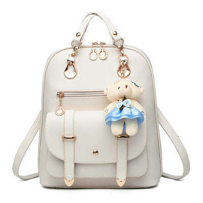 Women's New Korean Trendy Fashion Ladies PU Leather Student Casual Backpack College Style Bear Hanging Bag