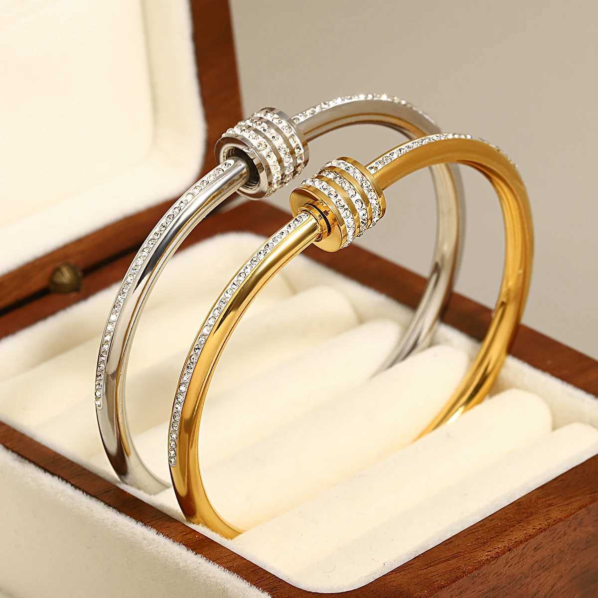 AENSOA Classic Zircon Beads Stainless Steel Bracelets for Women Exquisite Rhinestone Geometric Gold Plated Bangles Wrist JewelryW251121