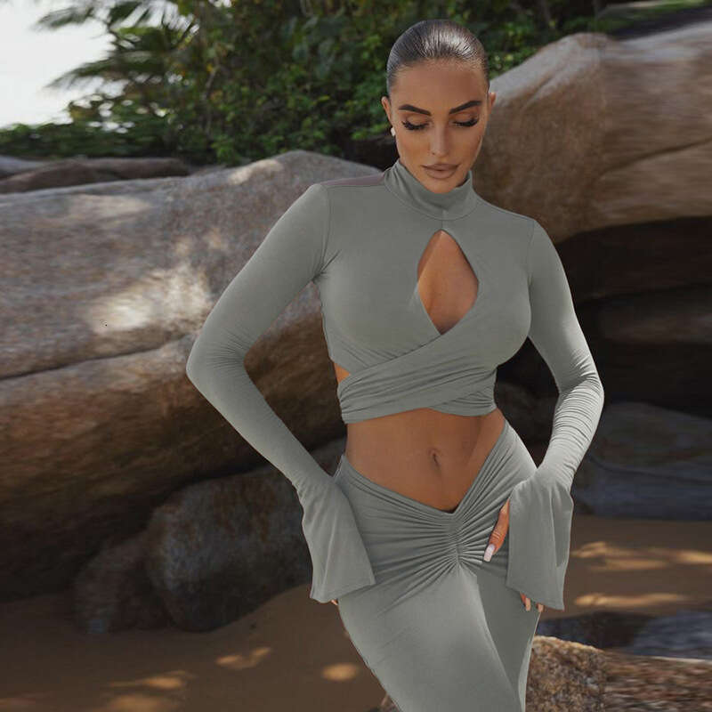 hoodie Women's Wear Wind Winter New Women's Fashion Half High Collar Sexy Hollow Sleeve Top With Hip Wrapping Long Skirt Set jacket