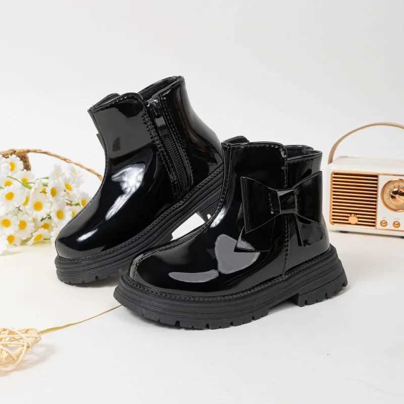 Winter Girls New Cotton Boots Sweet Bowknot Kids Platform Ankle Boots Glossy PU Fashion Childrens Causal Boots Warm VersatileW251121