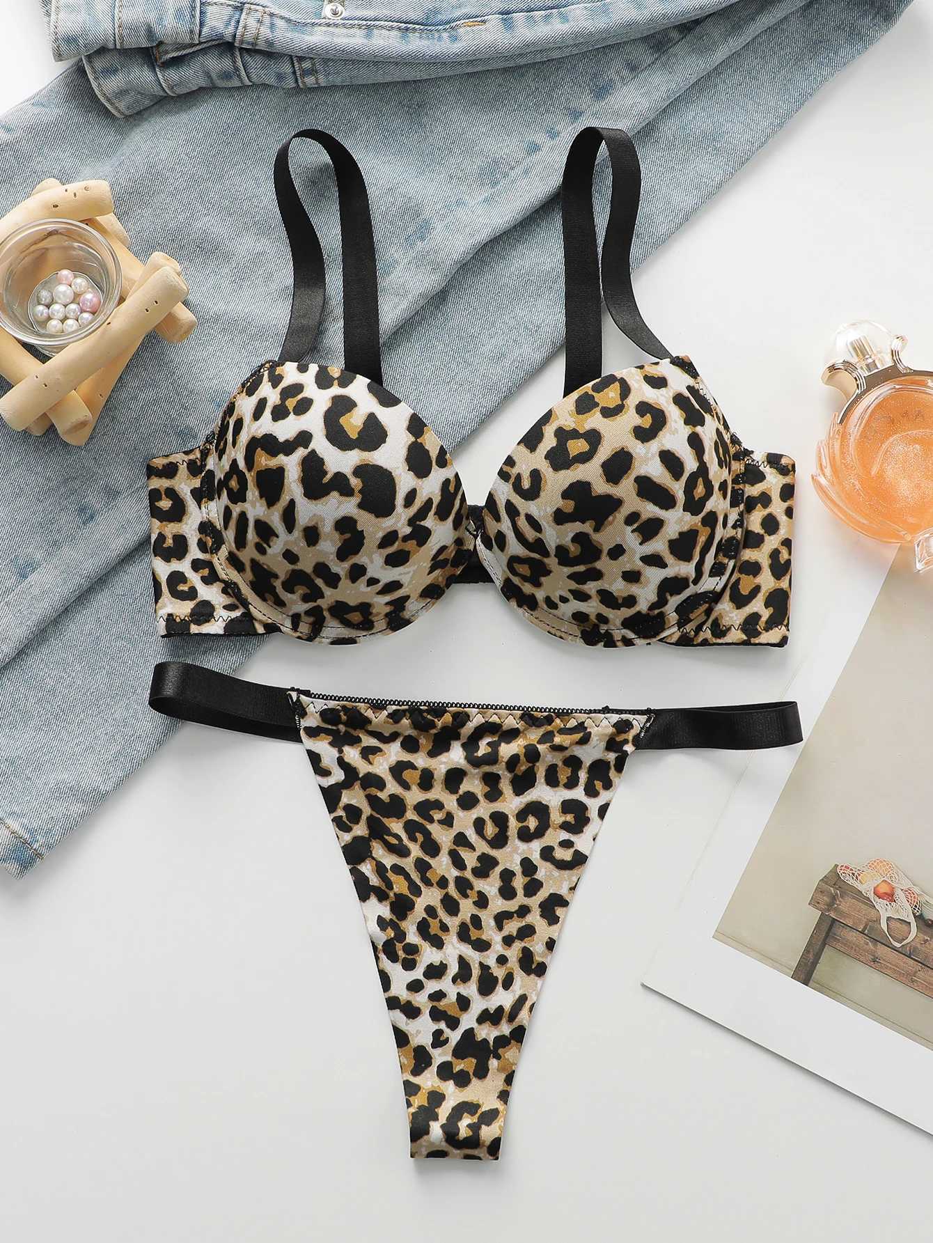 Sexy leopard print 2-piece set with gathered lifting and thickened steel port bra set for womens underwear B2051XJ251106