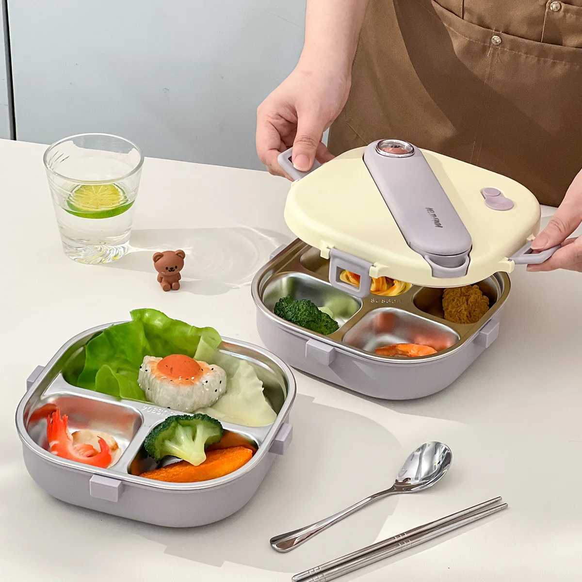 WORTHBUY 3/4 Compartments 304 Stainless Steel Square Lunch Box For Kids Portable Large Capacity Sealed Bneto Box With CutleryM251121