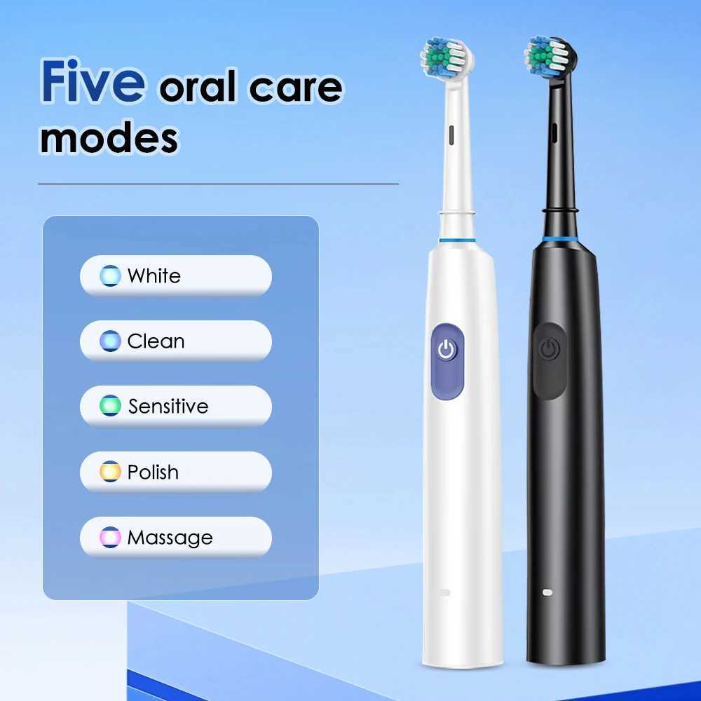 Rotary Rechargeable Electric Toothbrush 5 Mode Rotating Sonic Toothbrushes For Adult Teeth Cleaner Whitener 4/8 Soft Brush Heads C251121