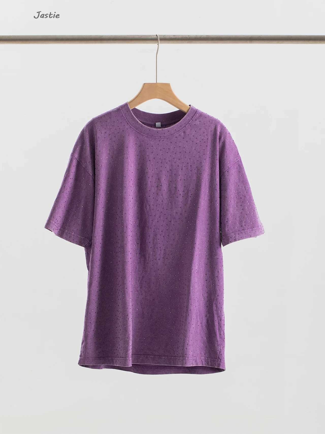 Summer casual black rhinestone womens T-shirt round neck short sleeved T-shirt loose medium long T-shirt street womens clothing X250421