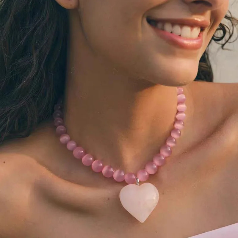1 natural pink Cateye bead rose quartz heartshaped stone pendant necklace for summer and womens crystal series peach green 250421