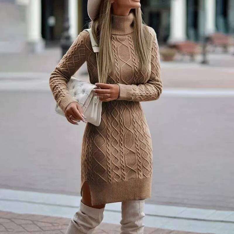 Autumn Winter New Women's Wrap Hip Skirt High Neck Warm And Thickened Elegant Knitted Sweater Long Sleeve Dress