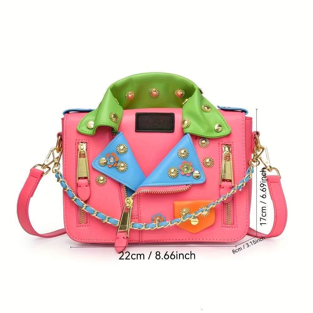 Women S Edgy Crossbody Bag Adjustable Chain Strap Multi Color Block Design Zipper Closure Polyester Lining Golden Tone Hardware Sleek Hardware Bright