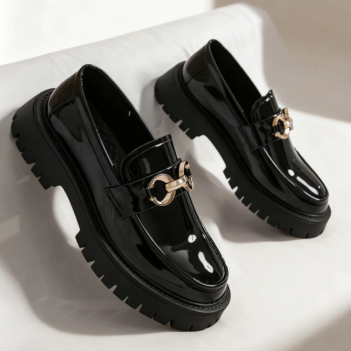 Fashion Thick Sole Mens Penny Loafers SlipOn Business Dress Shoes for Gentleman Metal Buckle Formal Black Glossy 251121