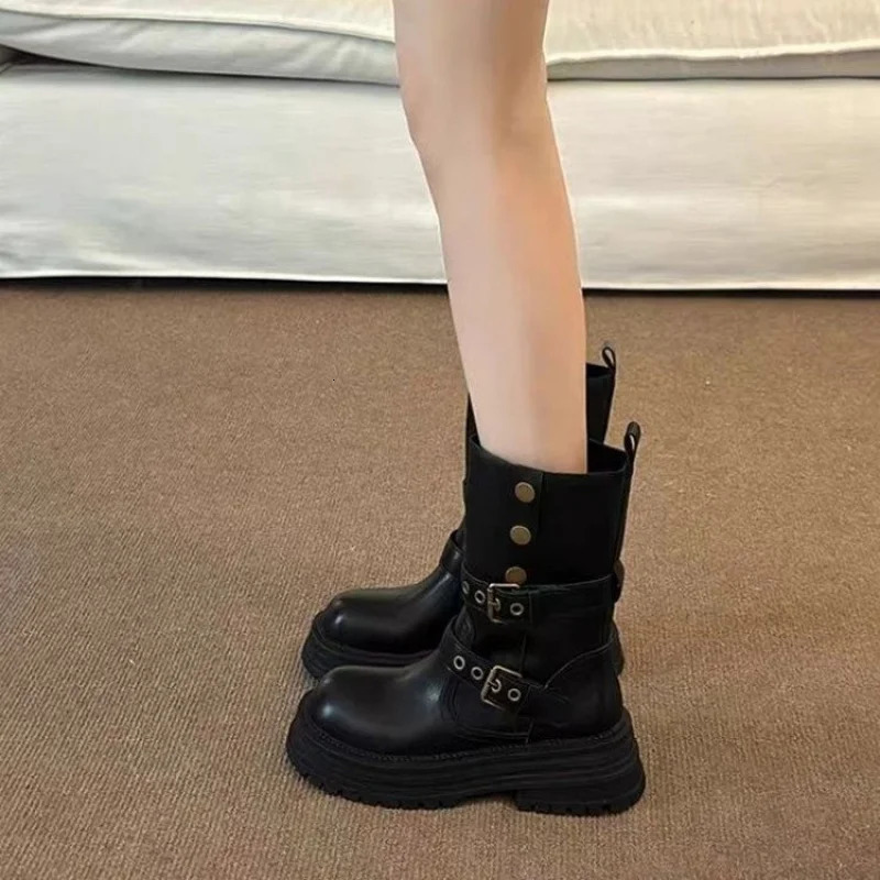 Platform Mid Calf Boots for Women Mallard Color Furry Lined Winter Shoes with Buckle Comfortable Thick Sole 251121