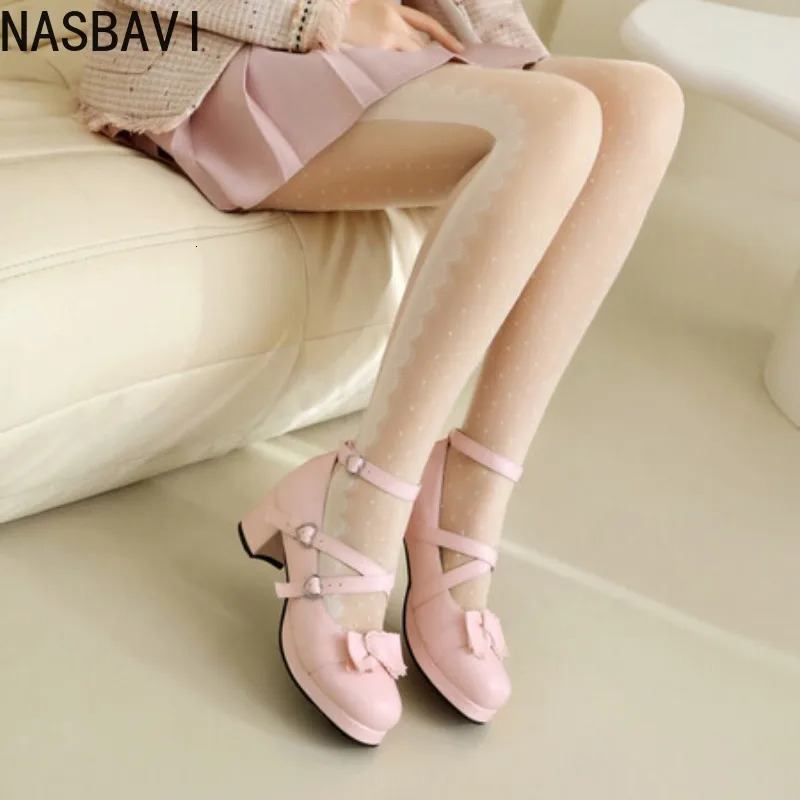 NASBAVI Sweet Cross Buckles Lolita Pumps for Ladies Block High Heels Platform Wedding Party Mary Janes Shoes Women Pink Red 251121