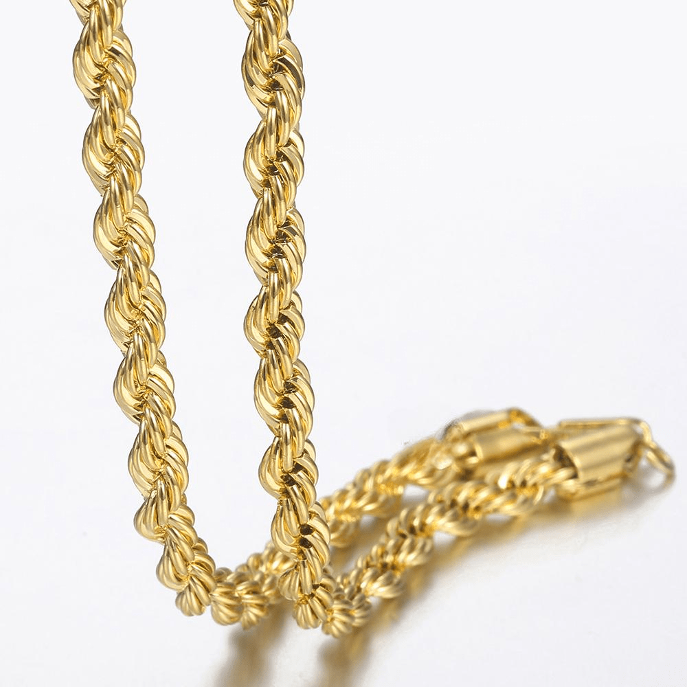 14K Gold Plated Stainless Steel Twisted Rope Chain Necklace for Men Unisex 3-7mm 16-30inch Link Jewelry Gifts