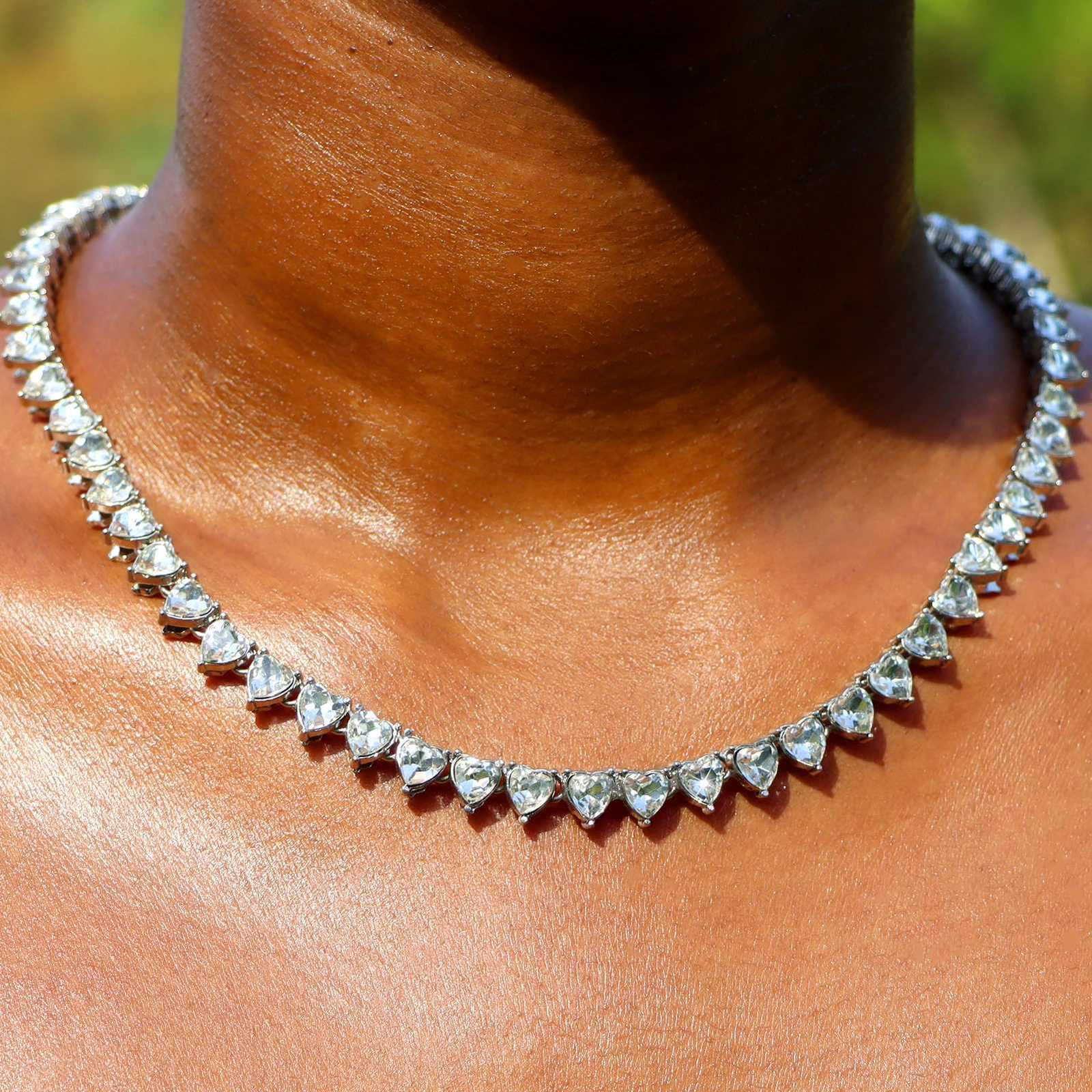 Fashion Bling Heart Crystal Tennis Chain Necklace for Women Iced Out Gold Silver Color Girlfriend Valentines Wedding JewelryXJ251121