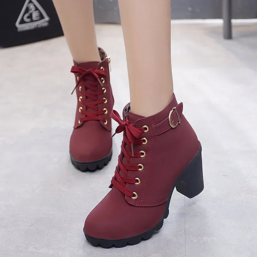 Spring Winter Women Pumps Boots High Quality Laceup European Ladies Shoes PU Heels Fast Delivery 251121