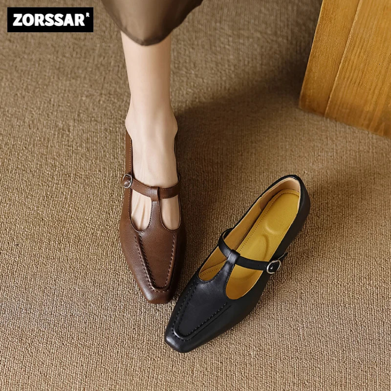Size 3443 Women Flats Cow Leather Pointed Toe Shallow Retro Mary Jane Single Shoes Ballet Flat Loafers Ladies Dress 251121