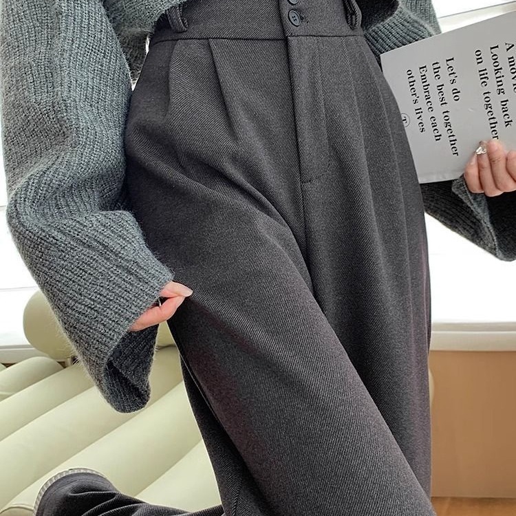 Designer luxury Gray Woolen Suit Pants for Women, Autumn Winter 2025 New High Waist Fleece Narrow Version Petite Loose Straight Wide Leg Pants