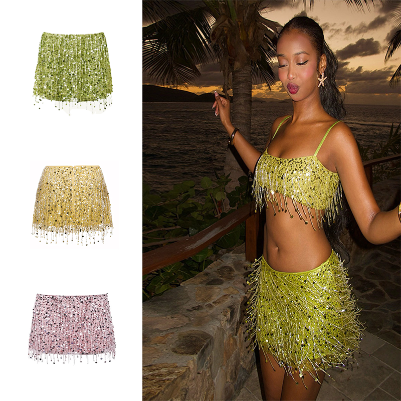 Sexy Tassel Chains Women's Skirt Elegant Solid Sequins Hip Package Female Party Mini Skirts 2025 Summer Lady Outfit Beachwear