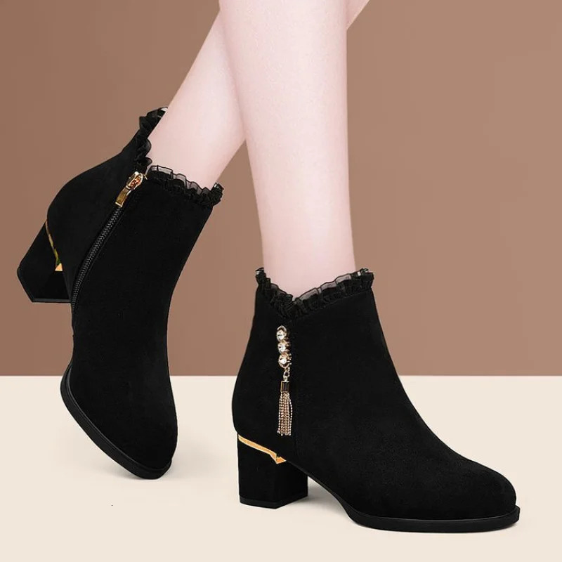 British Style Winter Boots Women Round Toe Tassel Furry Lined Mid Heel Ankle Diamond Decor Zip Side 251121