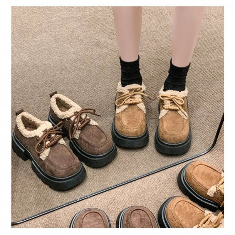 Winter Plush Lined Loafers Womens Retro Chunky Platform Fluffy Leather Shoes Comfortable Warm 251121