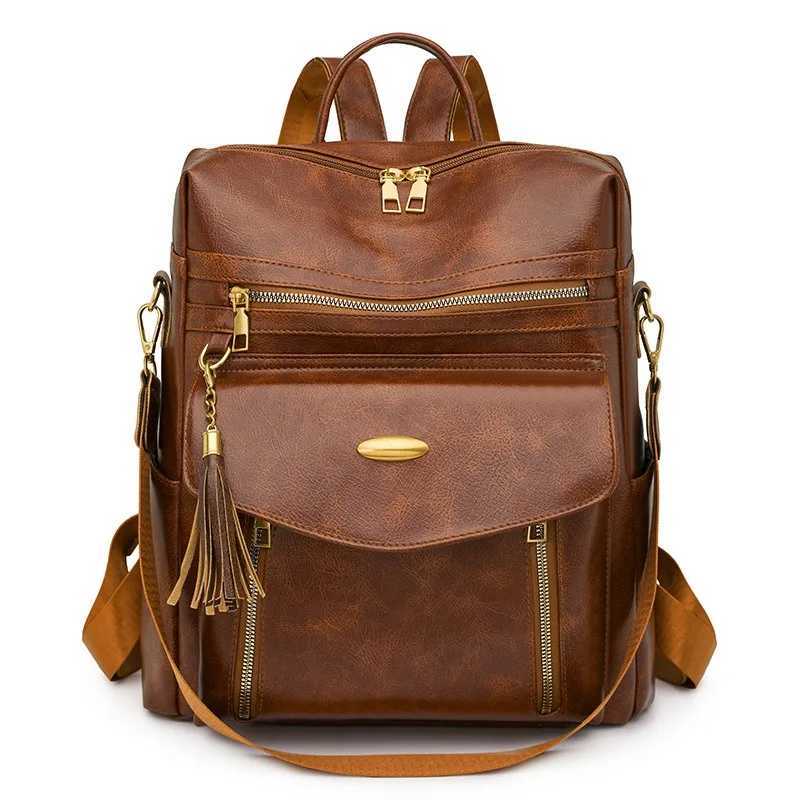 New Womens PU Leather Waterproof Anti-theft Designer Large Retro College Travel Backpack Shoulder Bag Wallet with Tassel BrowW251121