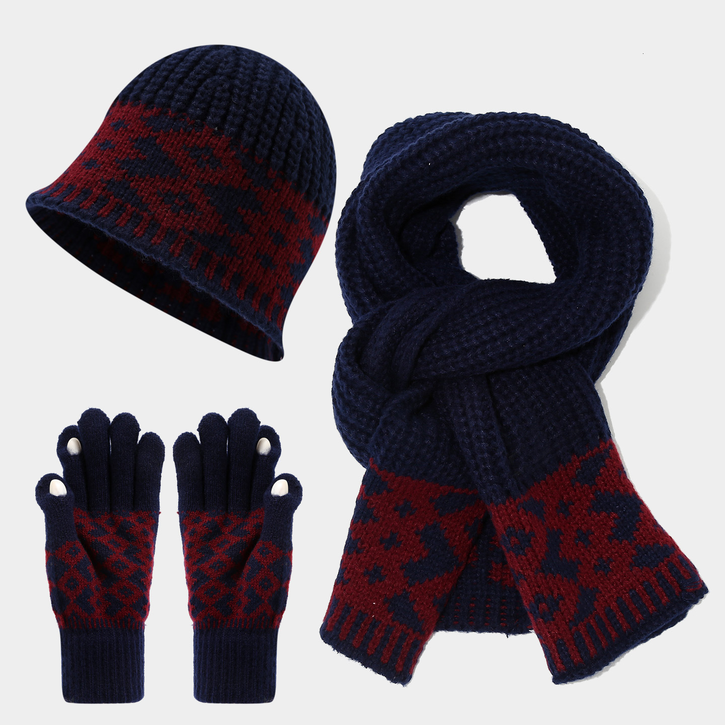 Autumn Winter Hat Warm Knitted Pullover Hat Scarf Gloves Three-Piece Set for Women Ethnic Style Fashion Ear Protection Cold-Proof Set Trendy free ship