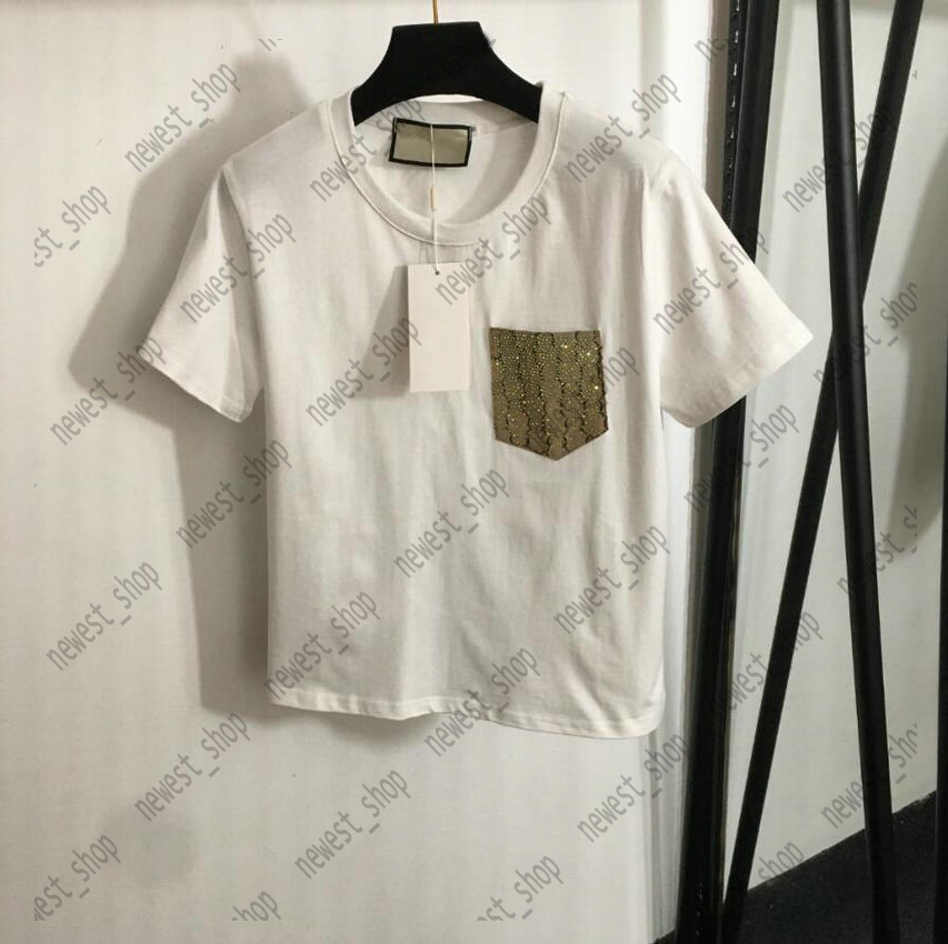 Womens T Shirts designer luxury tshirt women pocket with Colorful rhinestone letter jacquard print t shirt lady casual cotton t-shirt tops tee