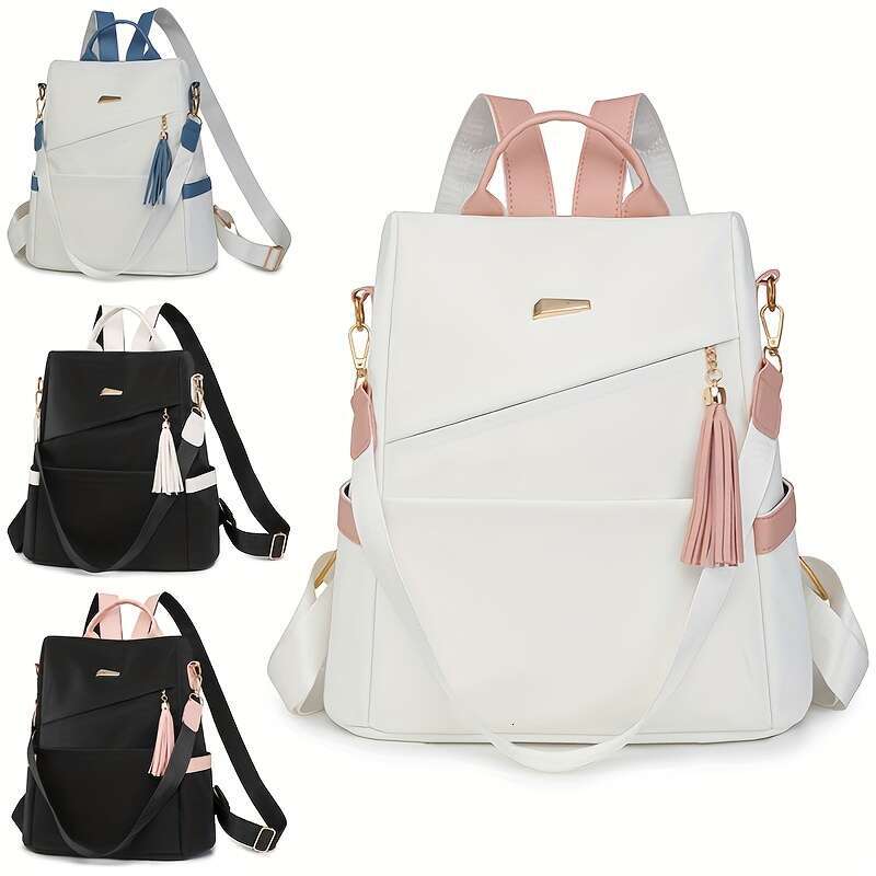 Preparation Elegant Women's Anti-theft Lightweight Backpack - Chic White with Pink Accents, Large Capacity, Adjustable Shoulder Straps, Tassel De