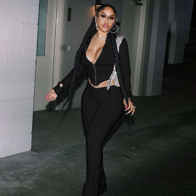 hoodie Women's Wear Winter New Women's Casual Sports Half High Collar Zipper Solid Color Slimming Top Bellbottom Pants Set jacket