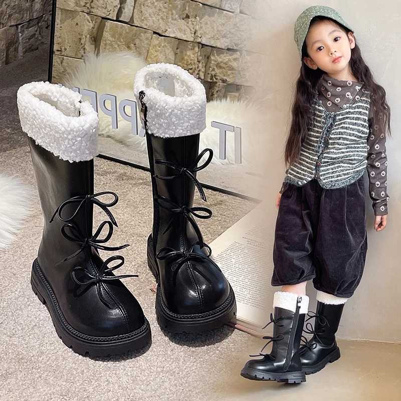 Girls Padded Fashion Long Boots 3-18 Years Old Beige Thickened Warm Childrens Leather Boots Black Fur Kids High Boots ShoesW251121