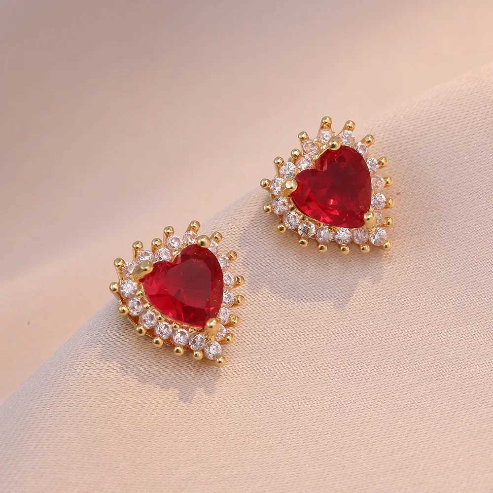 Sweet Romantic Love Studded with Zircon Ruby Earrings Ring Necklace Stainless Steel AccessoriesXJ251121