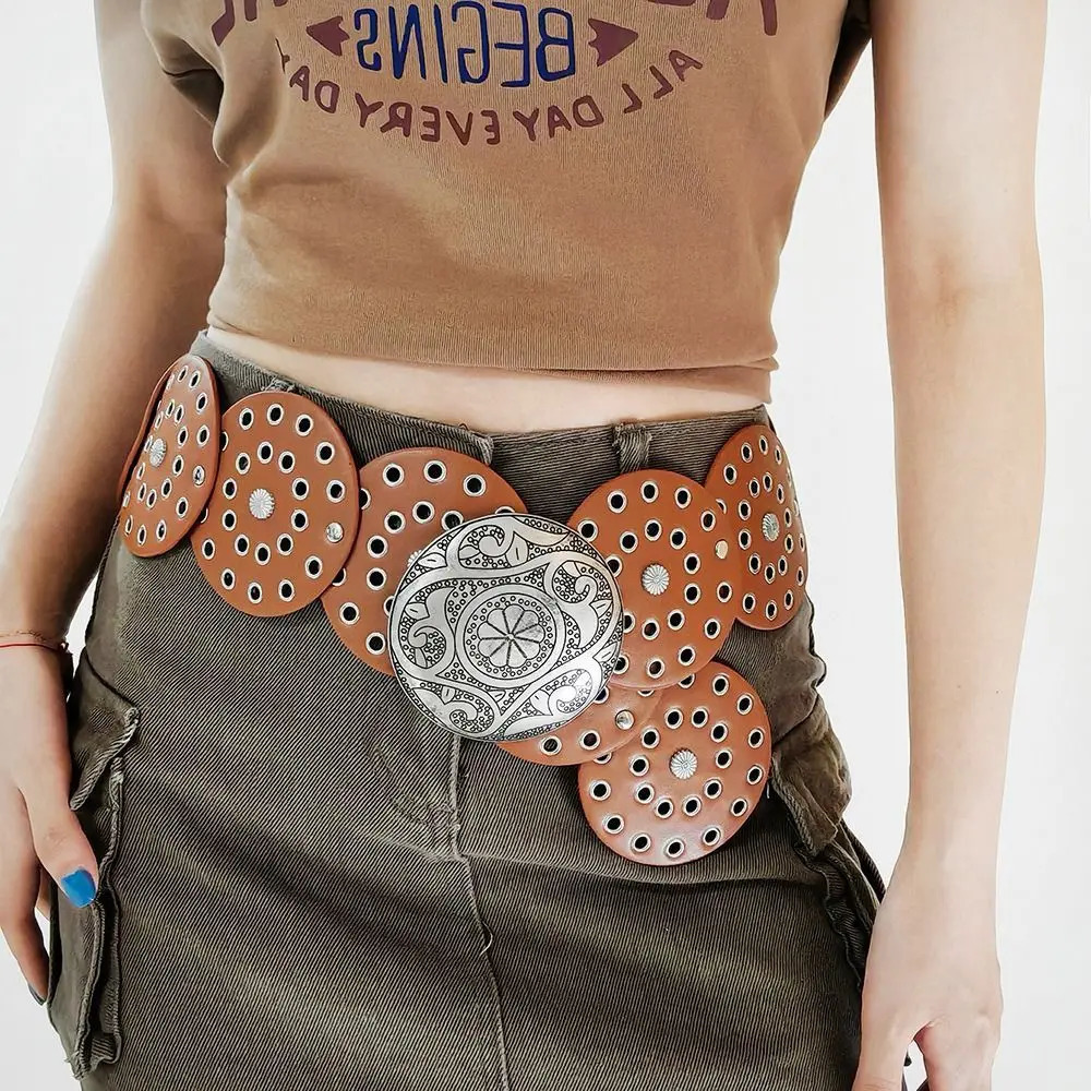 Round Hollow Belt Vintage PU Disc Wide Belts Metal Buckle Cowboy Western Style Exaggerated For Women Adjustable 250603