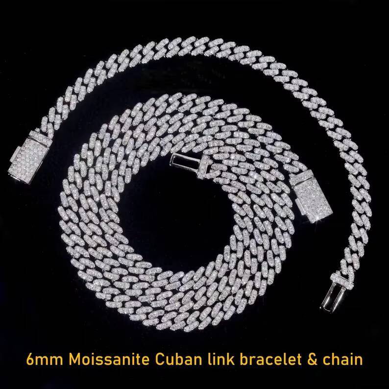 Hip Hop Jewelry Moissanite Bracelet and Necklace 925 Sterling Silver Pass Diamond Test Iced Out 6mm Pill Cuban Link Chain
